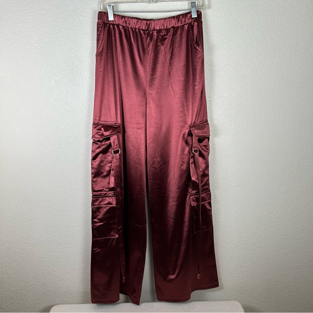 Persaya Women’s Sz L satin pull on cargo pants Y2K Gorpcore wide leg Streetstyle
